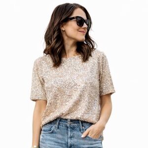 H&M Champagne Gold Sequin Short Sleeve Top – Women’s Size M